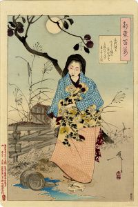 千代殿がいただく桶の底抜けて水たまらねば月もやどらず ／芳年