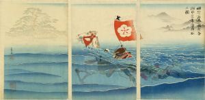 明智左馬之助光春　湖水乗打唐崎松之図／清親